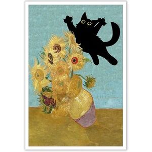 Funny Black Cat Art Vintage Van Gogh Sunflower Cat Print Canvas Wall Art